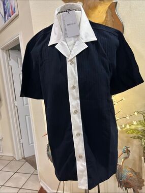 Reiss Aster navy textured with white collar and white button down stripe